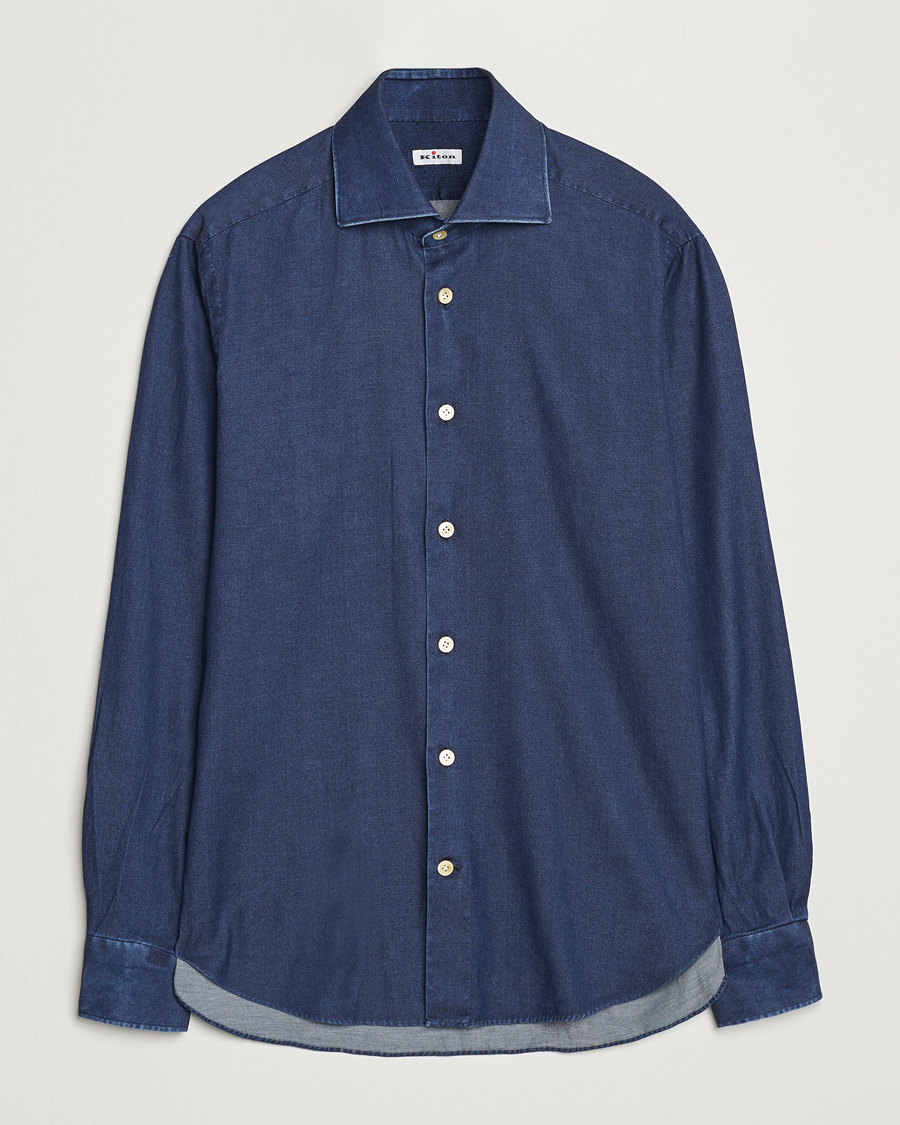 Herr | Skjortor | Kiton | Stretch Denim Cut Away Shirt Blue Indigo