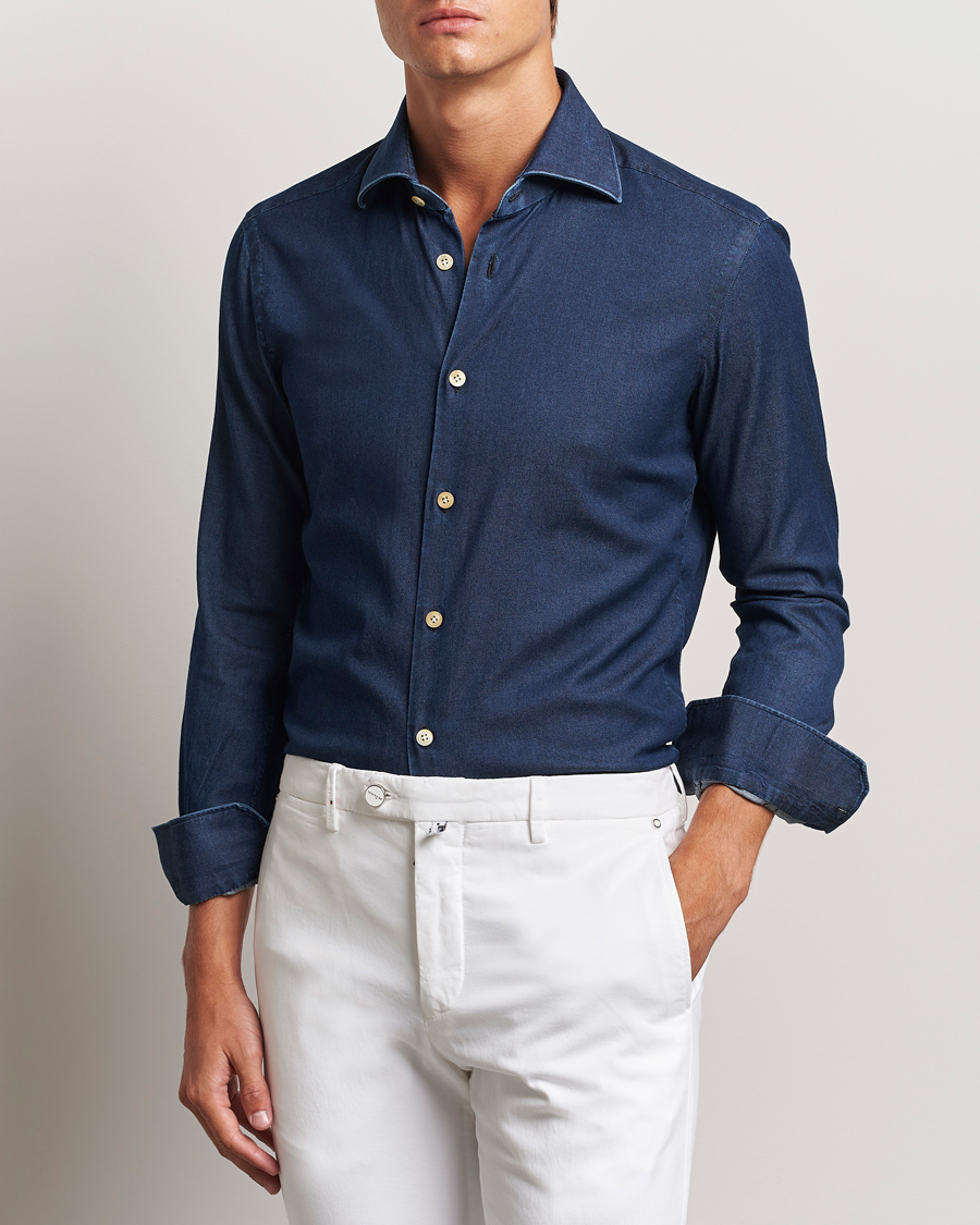 Herr | Skjortor | Kiton | Stretch Denim Cut Away Shirt Blue Indigo