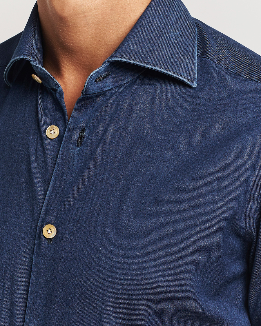 Herr | Skjortor | Kiton | Stretch Denim Cut Away Shirt Blue Indigo