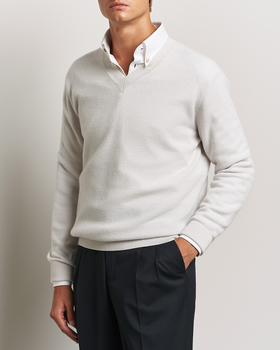 Herr | Tröjor | Brioni | Rib Cashmere V-Neck Sweater Light Grey