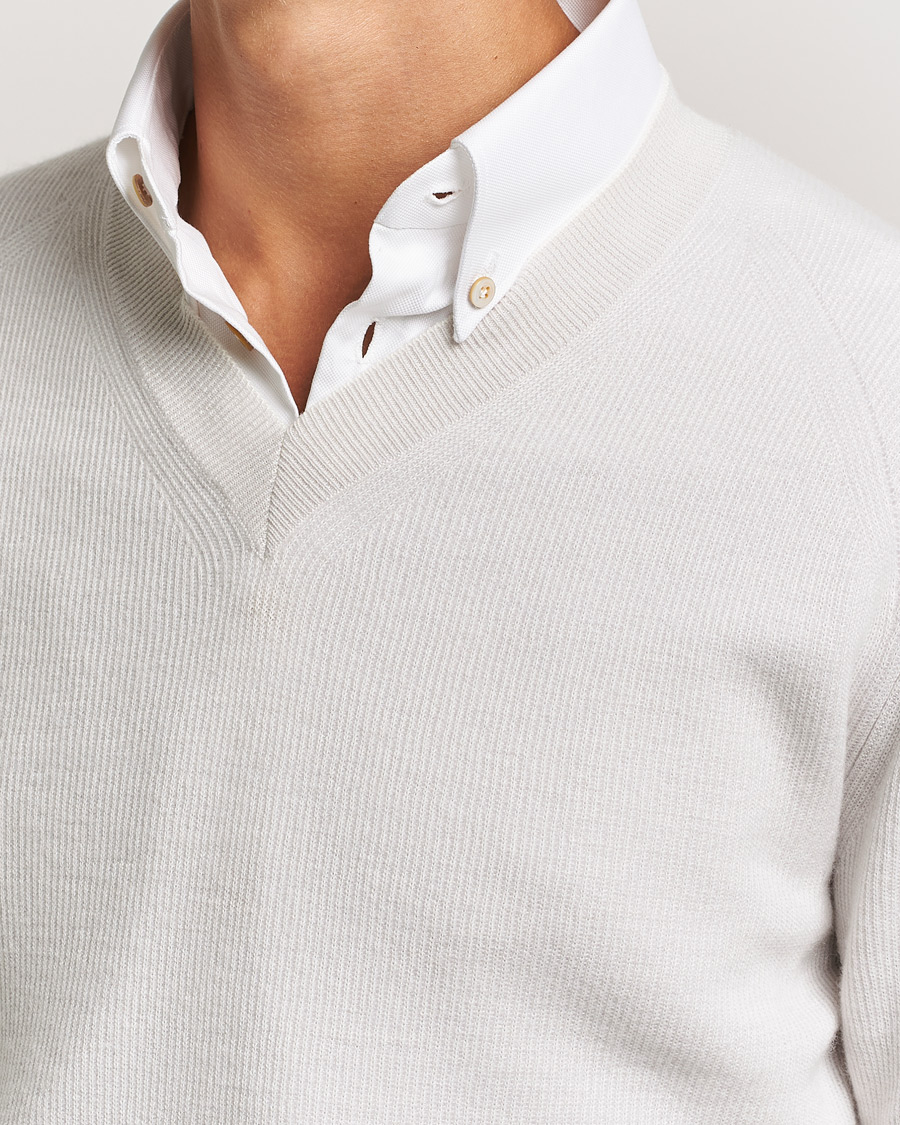 Herr | Tröjor | Brioni | Rib Cashmere V-Neck Sweater Light Grey