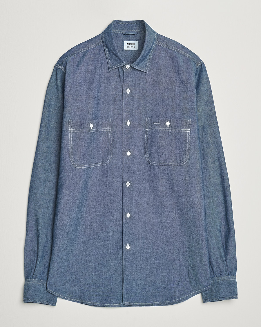 Herr | Skjortor | Aspesi | Double Pocket Chambray Shirt Dark Wash