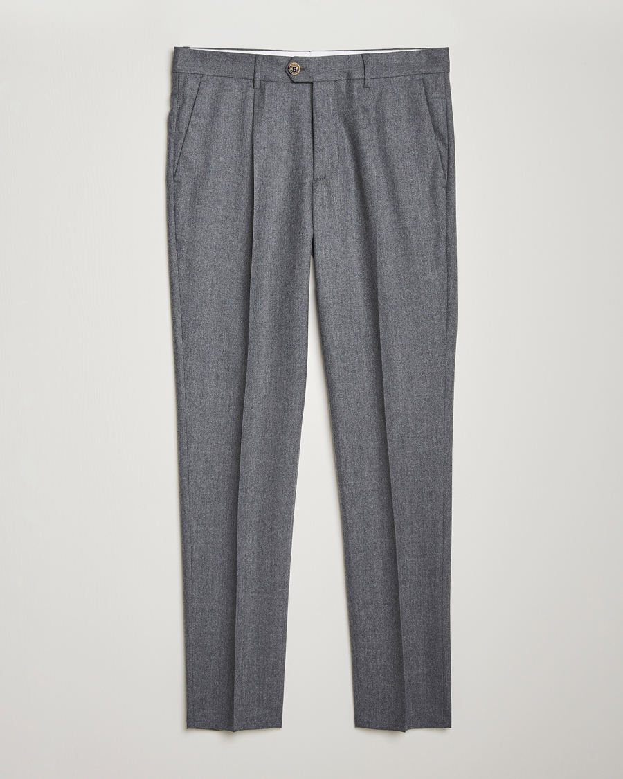 Herr | Byxor | Brunello Cucinelli | Slim Fit Pleated Flannel Trousers Grey Melange