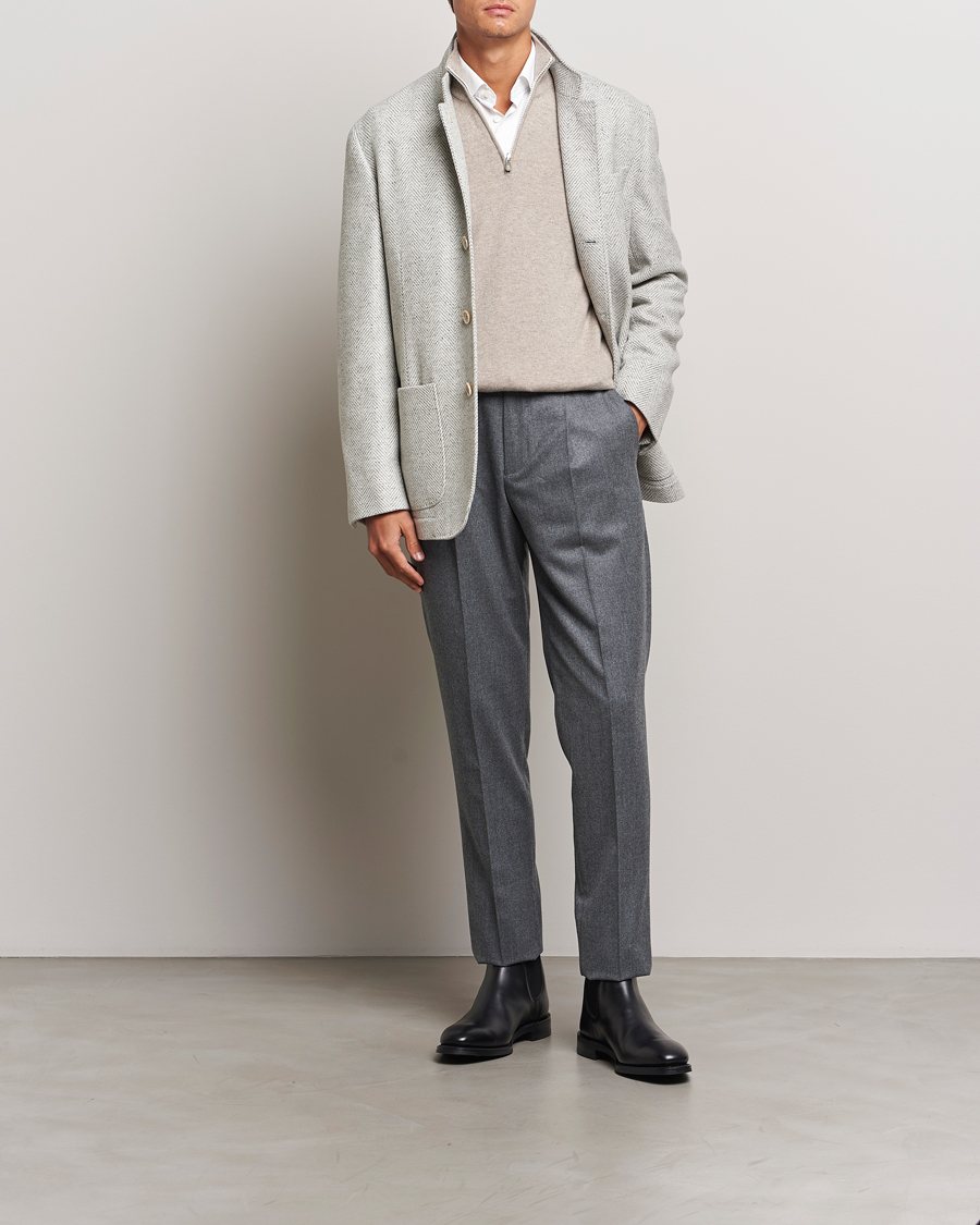 Herr | Byxor | Brunello Cucinelli | Slim Fit Pleated Flannel Trousers Grey Melange