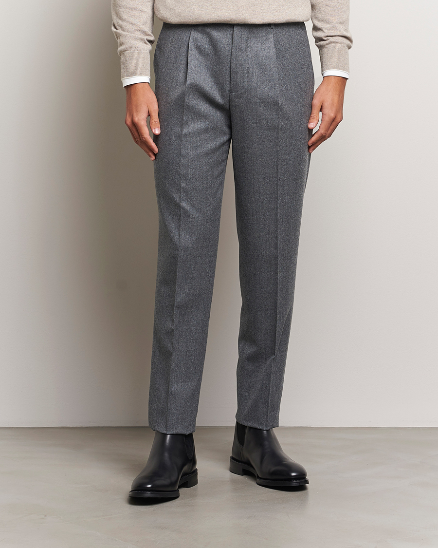 Herr | Byxor | Brunello Cucinelli | Slim Fit Pleated Flannel Trousers Grey Melange