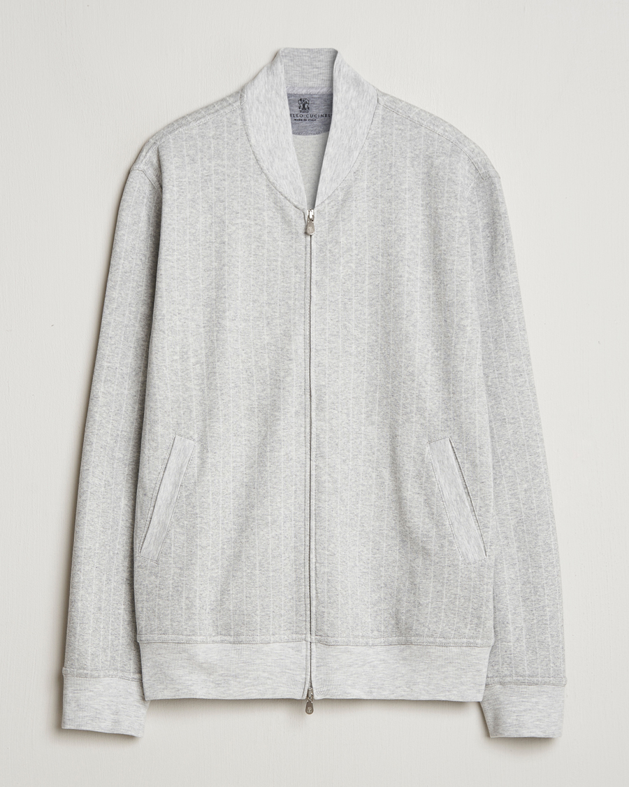 Herr | Tröjor | Brunello Cucinelli | Soft Pinstripe Full Zip Sweater Pearl Grey