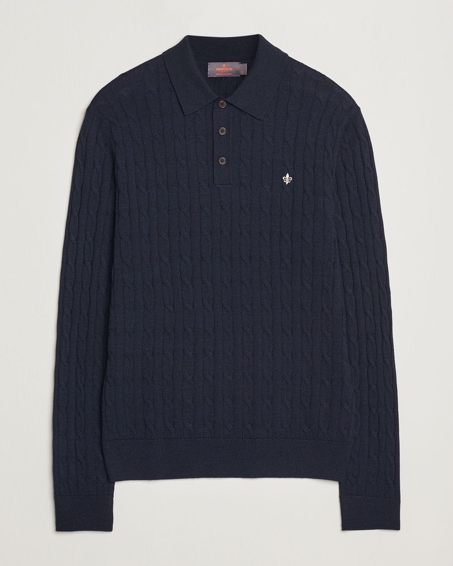 Herr | Tröjor | Morris | Merino Cable Polo Knit Navy