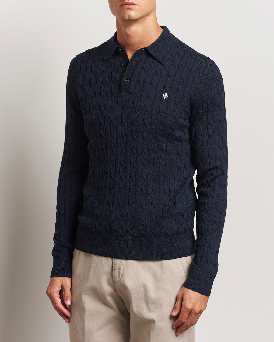 Herr | Tröjor | Morris | Merino Cable Polo Knit Navy