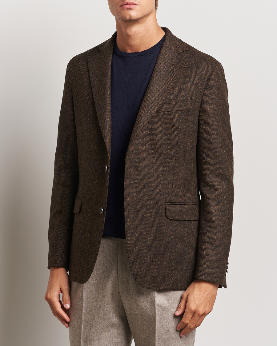 Herr | Kavajer | Oscar Jacobson | Fogerty Moon Herringbone Tweed Blazer Brown