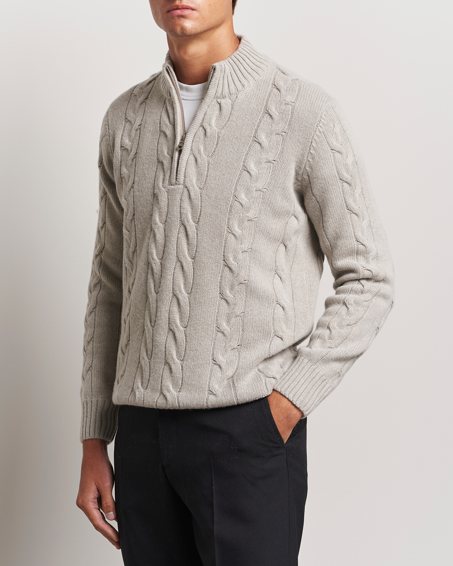 Herr | Tröjor | Oscar Jacobson | Reine Heavy Cable Knitted Half Zip Beige