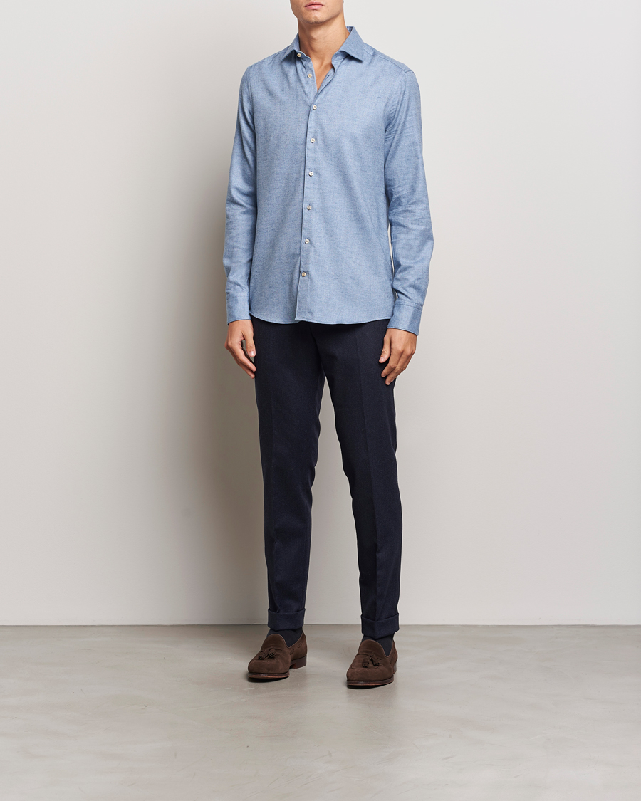Herr | Skjortor | Stenströms | Slimline Brushed Cotton/Lyocell Cut Away Shirt Blue