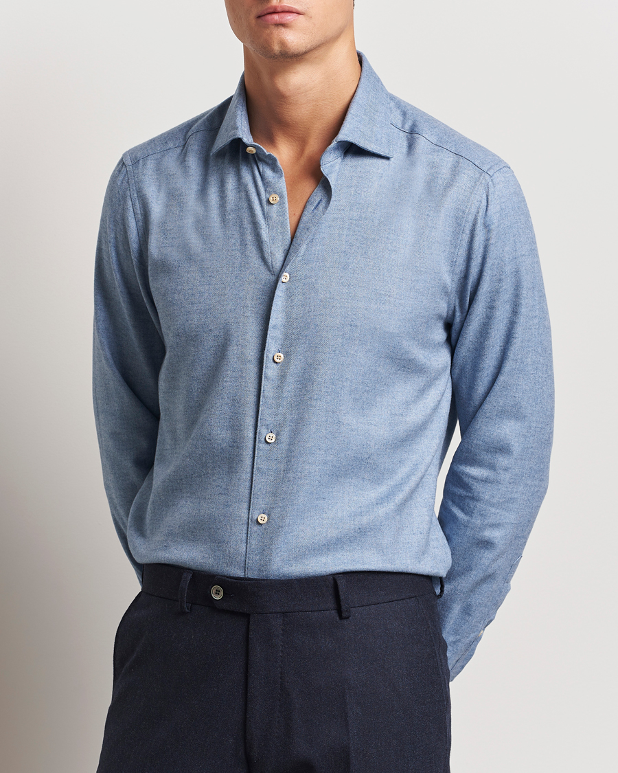 Herr | Skjortor | Stenströms | Slimline Brushed Cotton/Lyocell Cut Away Shirt Blue
