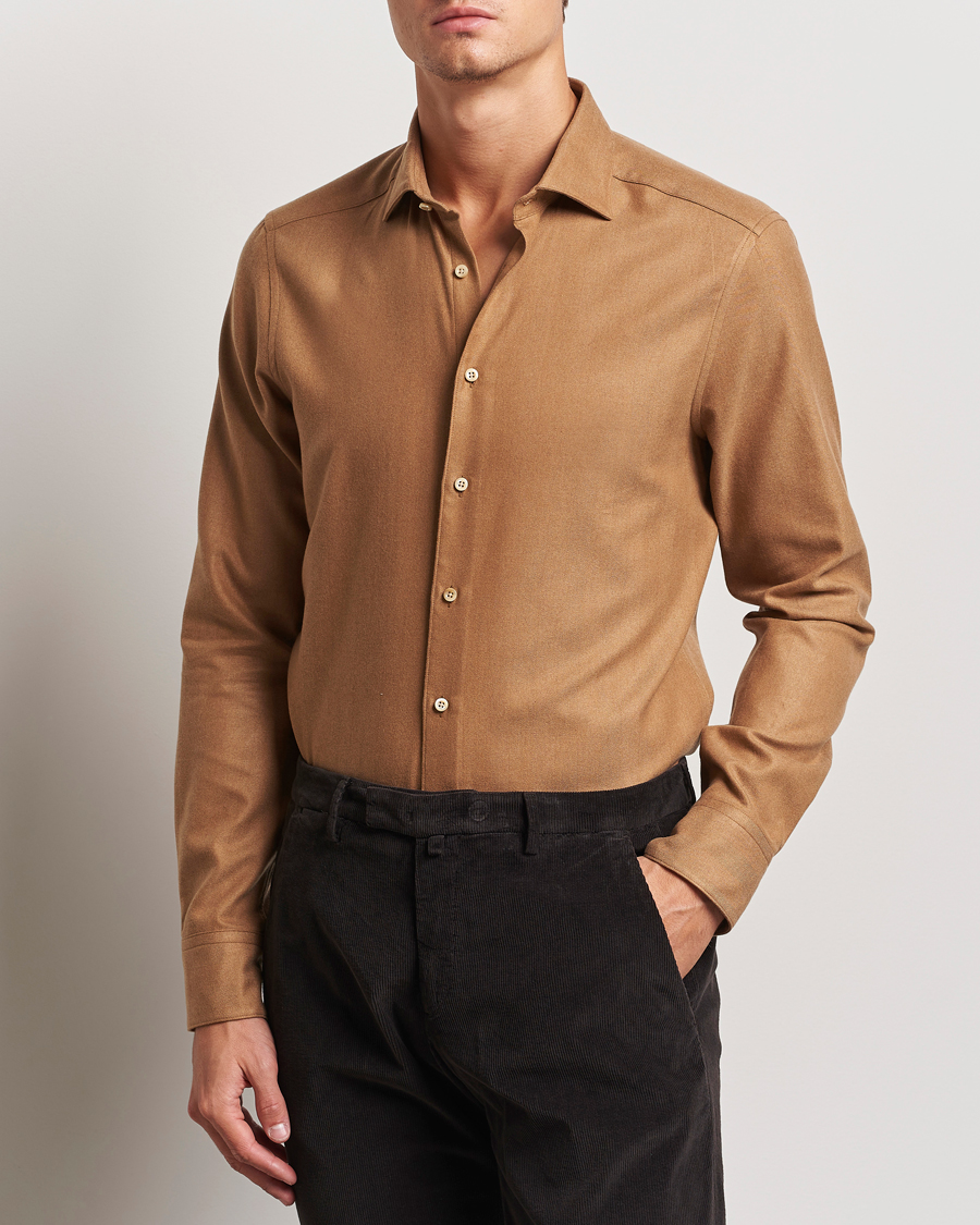 Herr | Skjortor | Stenströms | Slimline Brushed Cotton/Lyocell Cut Away Shirt Brown