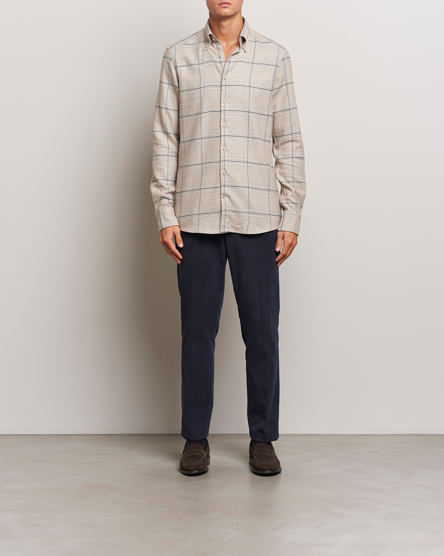 Herr | Skjortor | Stenströms | Slimline Flannel Overcheck Shirt Light Brown