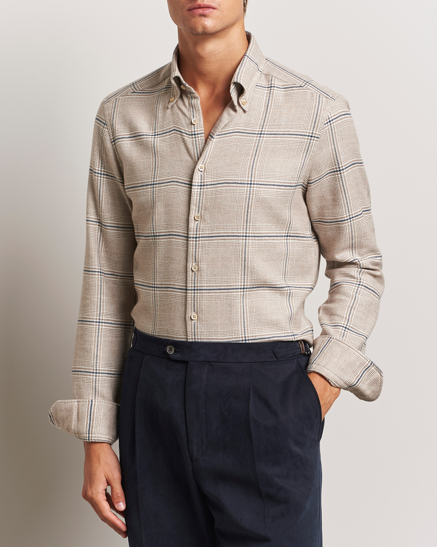 Herr | Skjortor | Stenströms | Slimline Flannel Overcheck Shirt Light Brown
