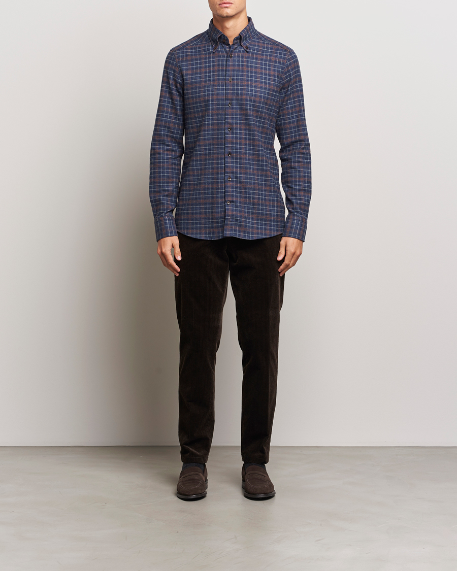 Herr | Skjortor | Stenströms | Slimline Small Check Flannel Shirt Dark Blue
