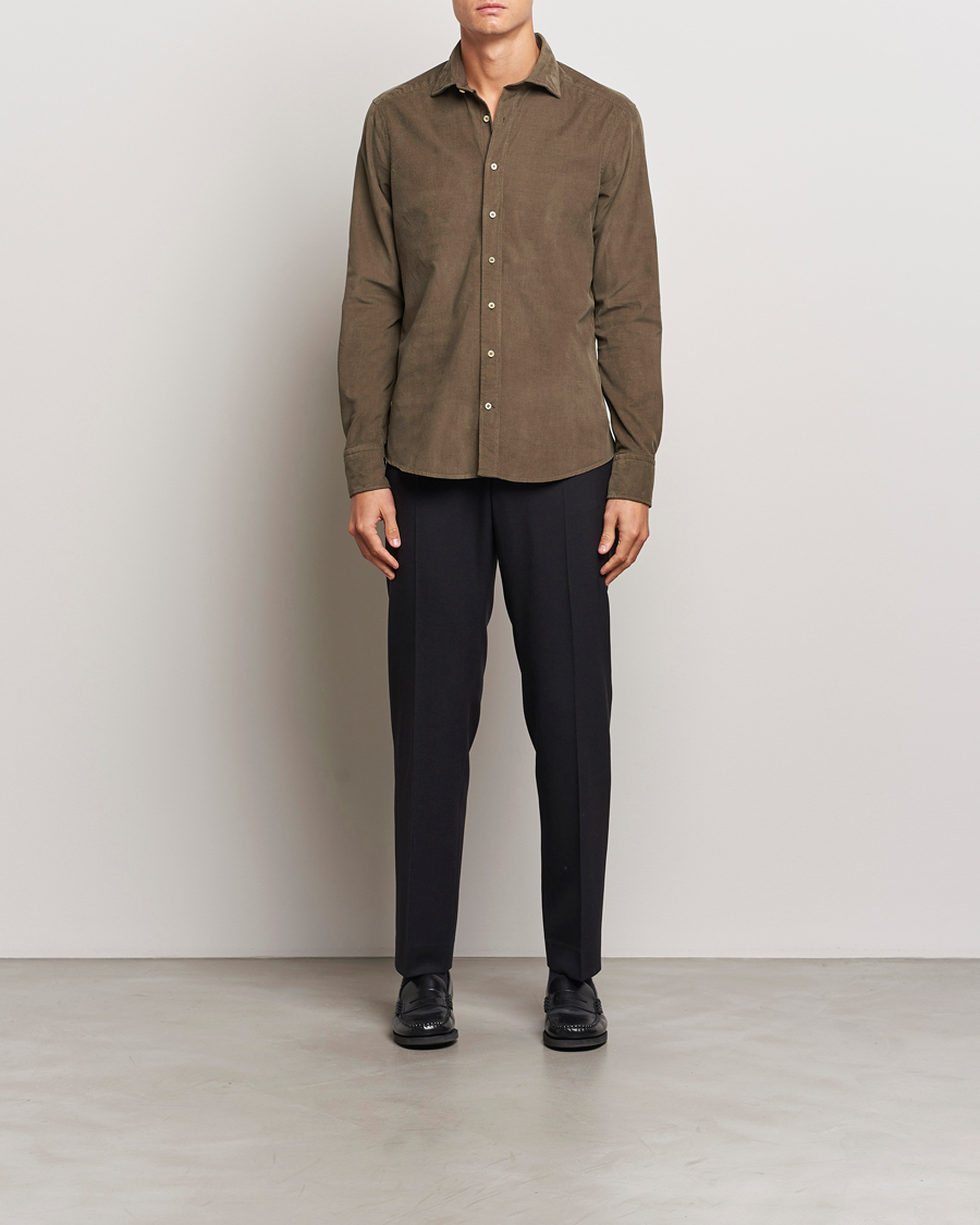 Herr | Skjortor | Stenströms | Slimline Cut Away Cord Shirt Dark Green