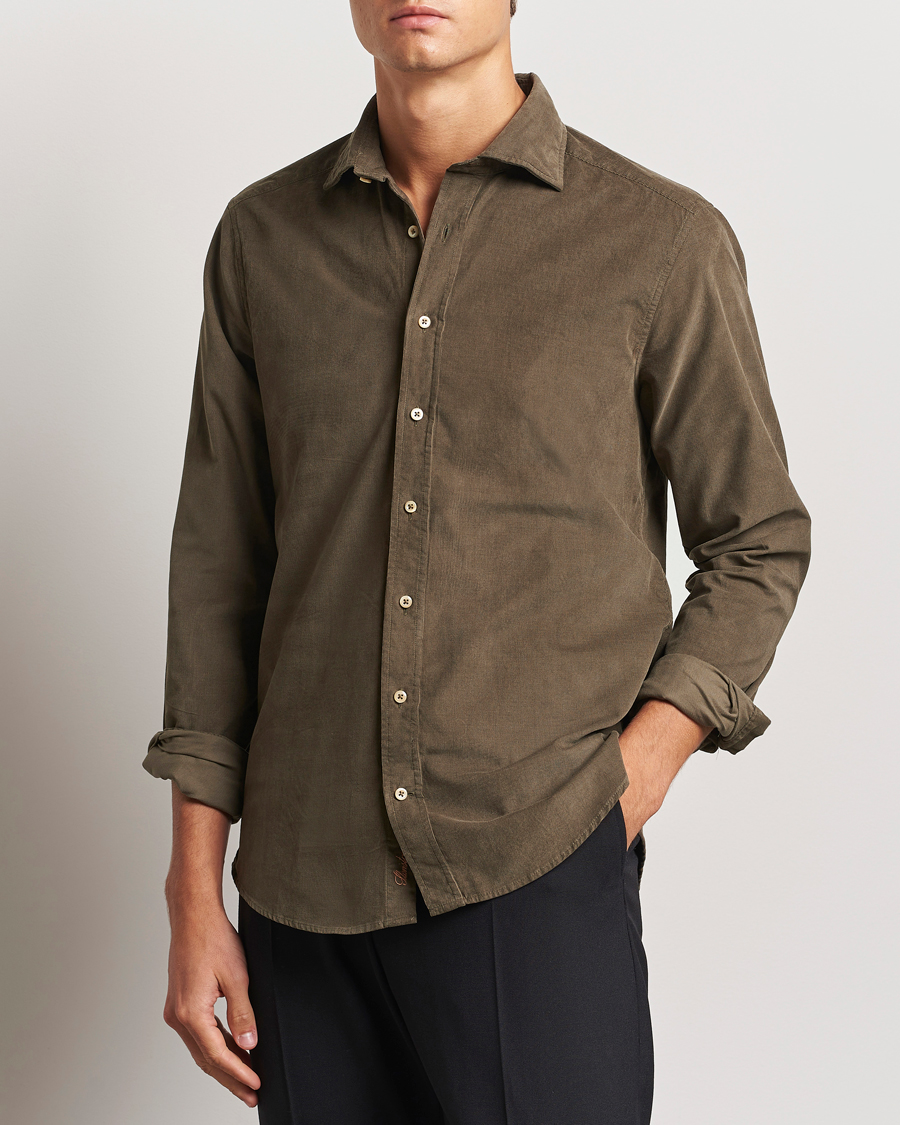 Herr | Skjortor | Stenströms | Slimline Cut Away Cord Shirt Dark Green