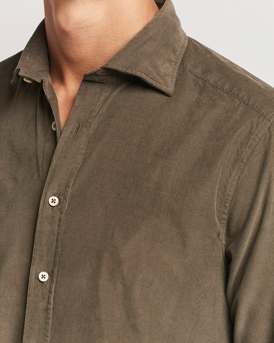 Herr | Skjortor | Stenströms | Slimline Cut Away Cord Shirt Dark Green