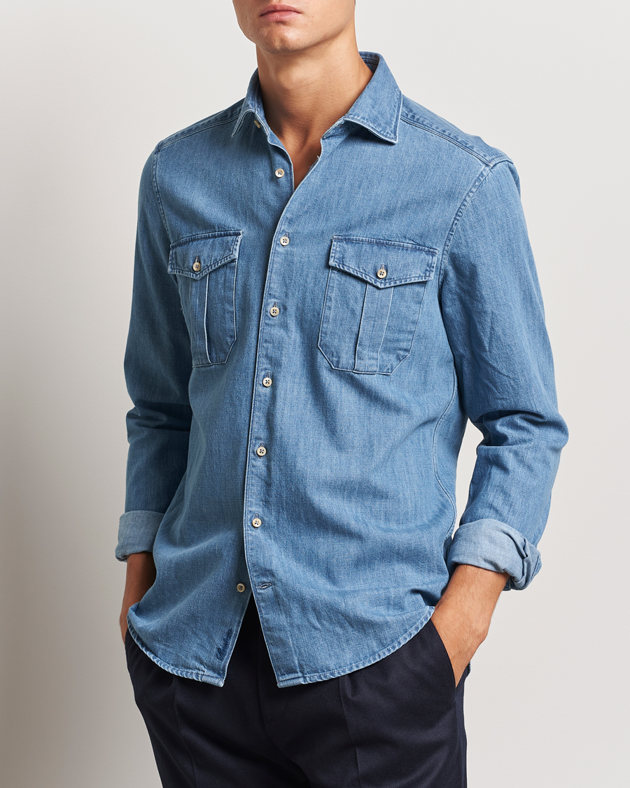 Herr | Skjortor | Stenströms | Slimline Double Pocket Denim Shirt Blue