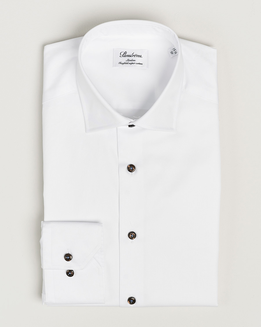 Herr | Skjortor | Stenströms | Slimline Cut Away Contrast Button Shirt White/Brown