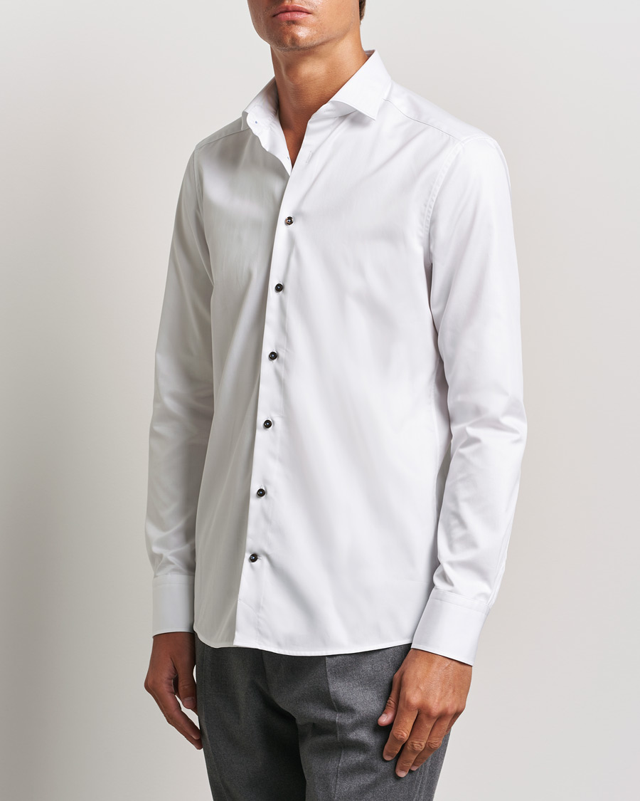 Herr | Skjortor | Stenströms | Slimline Cut Away Contrast Button Shirt White/Brown