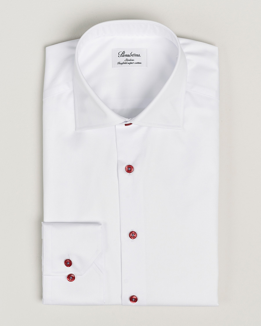 Herr | Skjortor | Stenströms | Slimline Cut Away Contrast Button Shirt White/Red