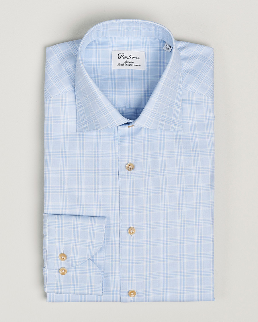 Herr | Skjortor | Stenströms | Slimline Checked Twill Cut Away Shirt Light Blue