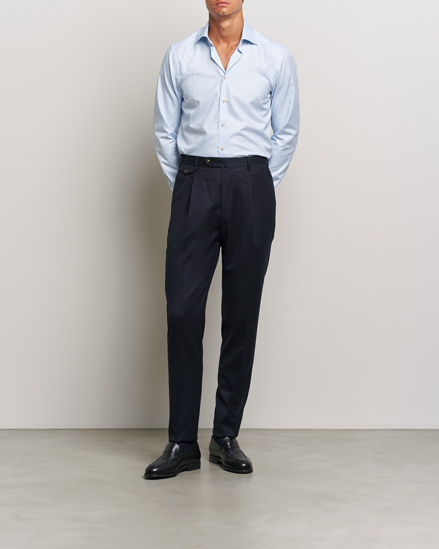 Herr | Skjortor | Stenströms | Slimline Checked Twill Cut Away Shirt Light Blue