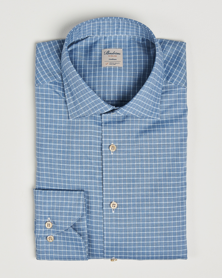 Herr | Skjortor | Stenströms | Slimline Melange Check Cut Away Shirt Blue