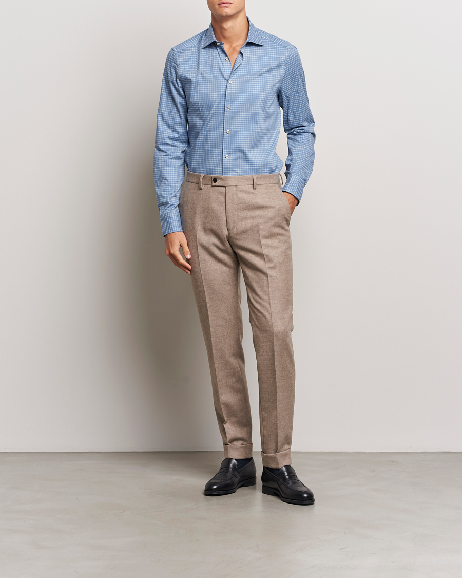 Herr | Skjortor | Stenströms | Slimline Melange Check Cut Away Shirt Blue