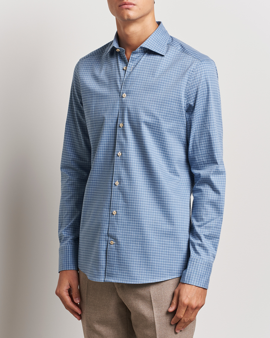Herr | Skjortor | Stenströms | Slimline Melange Check Cut Away Shirt Blue