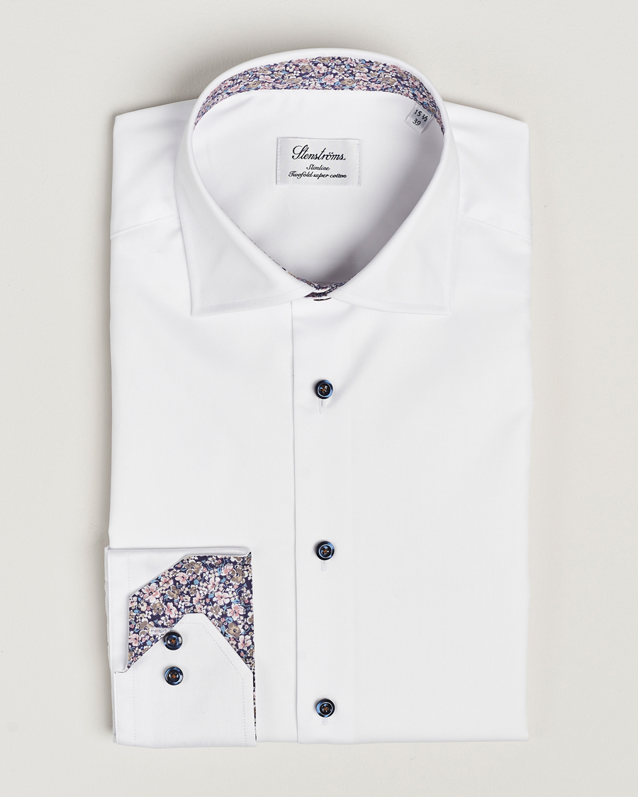 Herr | Skjortor | Stenströms | Slimline Twill Flower Contrast Shirt White
