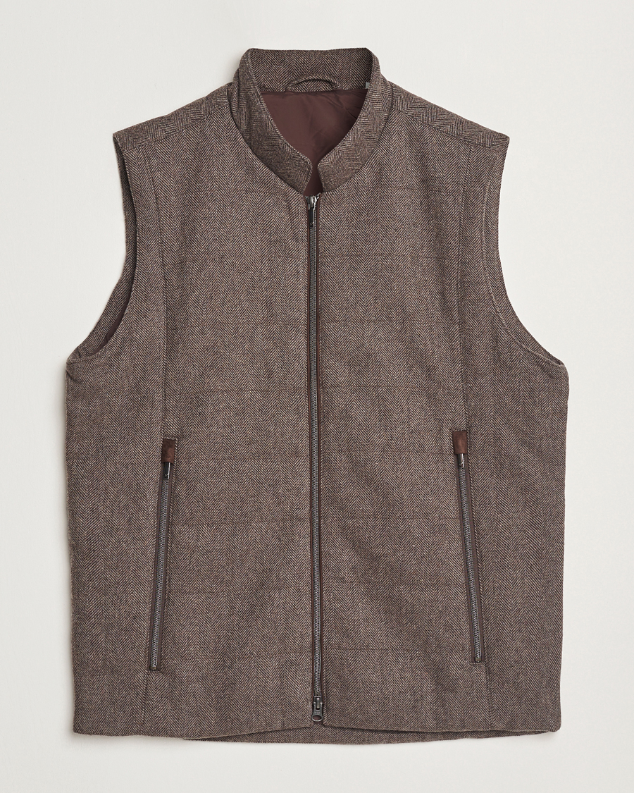 Herr | Jackor | Stenströms | Alcantara Detail Herringbone Wool Vest Dark Brown