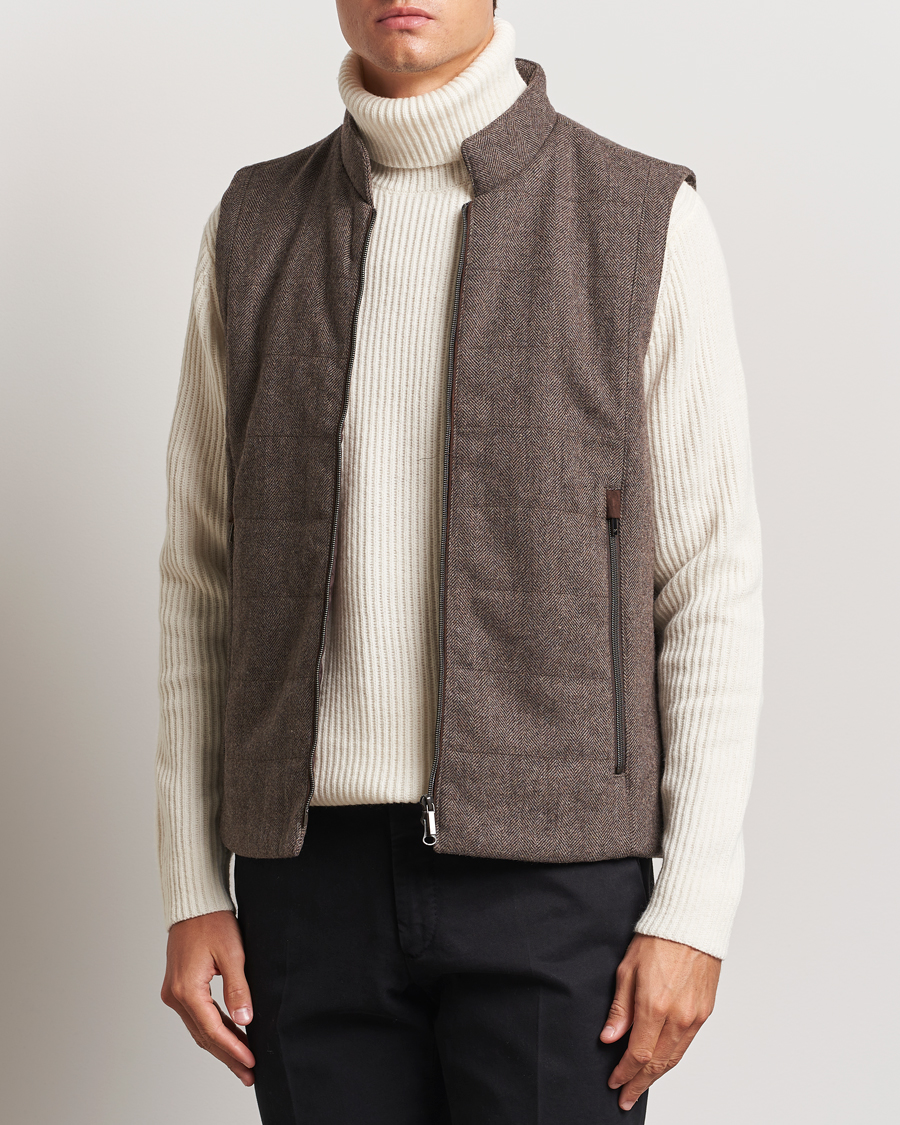 Herr | Jackor | Stenströms | Alcantara Detail Herringbone Wool Vest Dark Brown