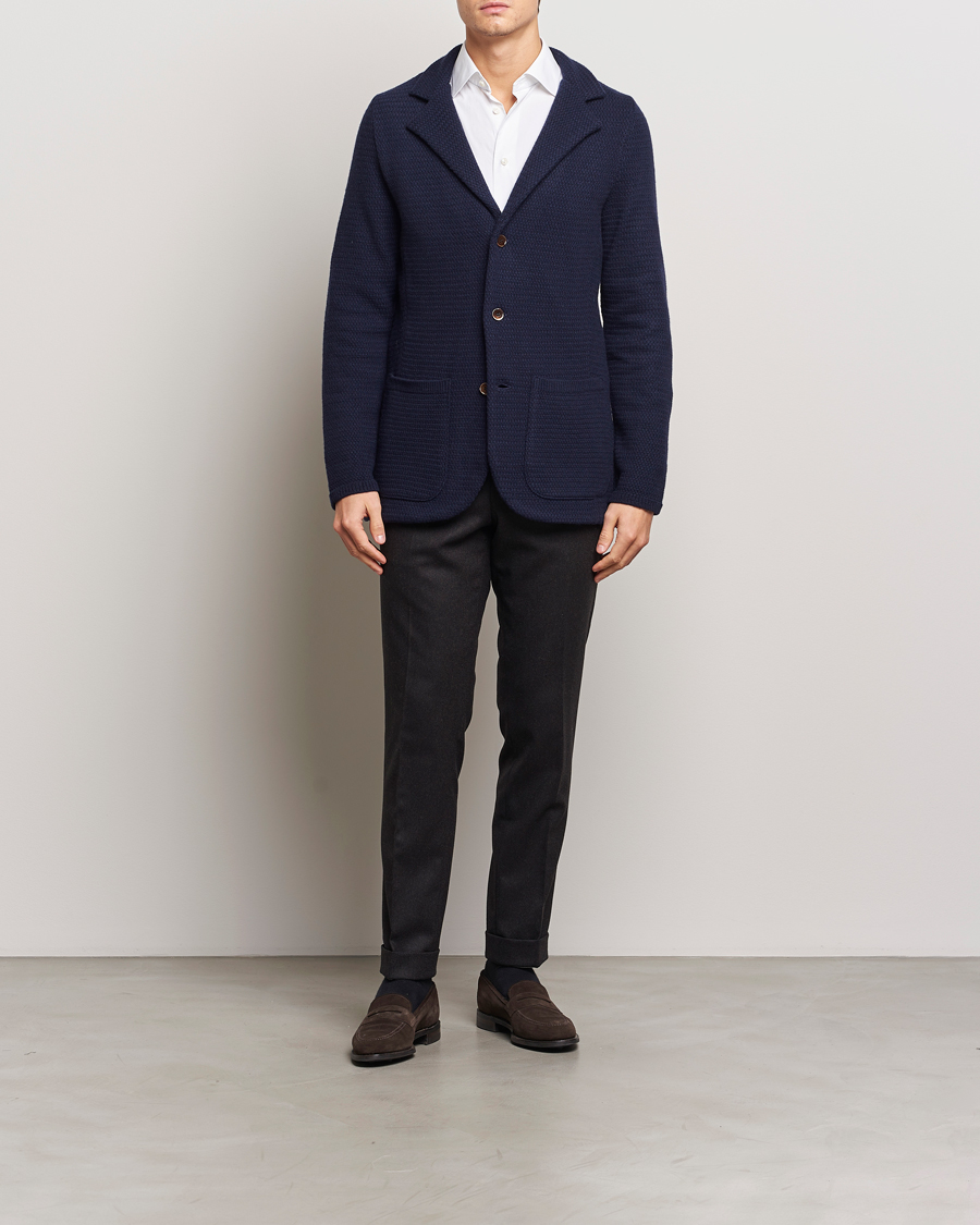 Herr | Kavajer | Stenströms | Knitted Textured Merino Wool Blazer Navy