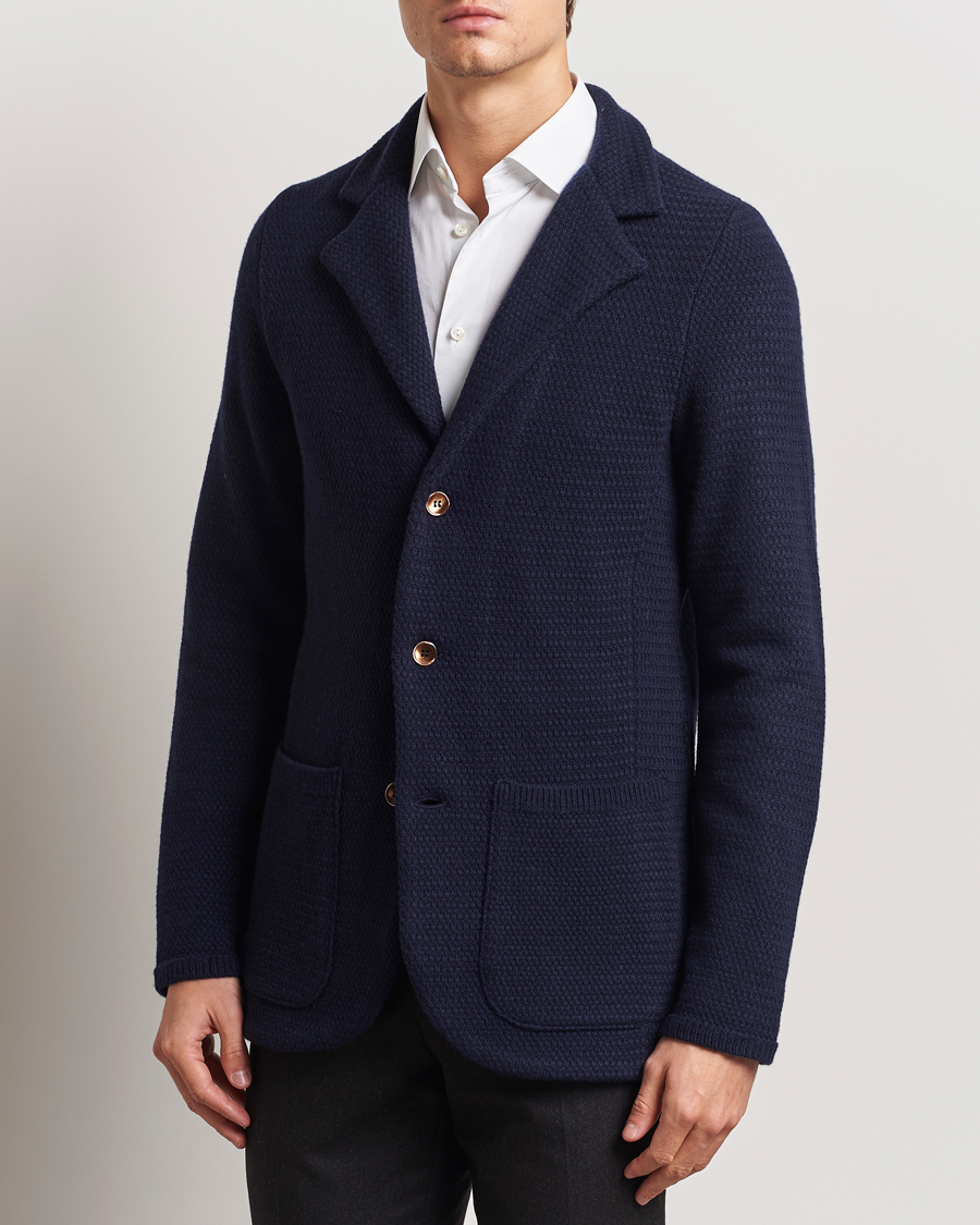 Herr | Kavajer | Stenströms | Knitted Textured Merino Wool Blazer Navy