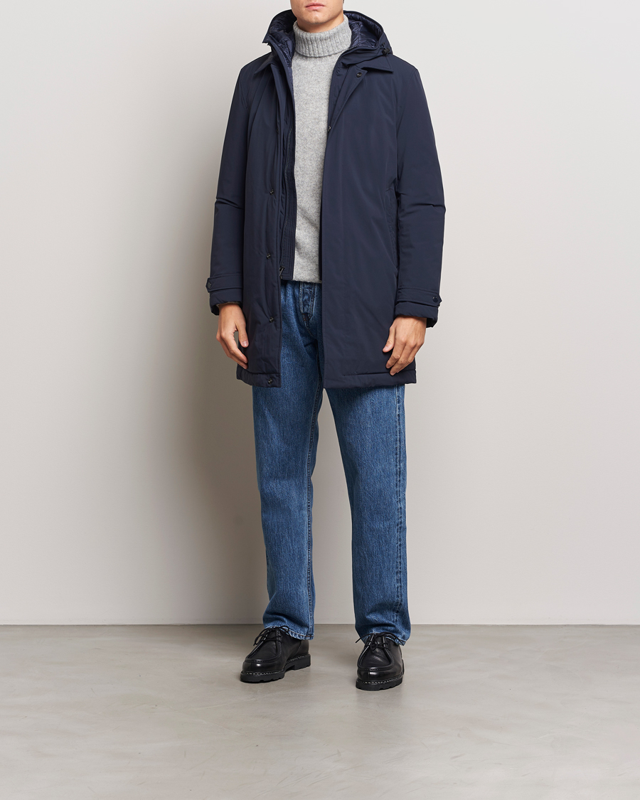 Herr | Jackor | Woolrich | Stretch 2 in 1 Padded Waterproof Carcoat Melton Blue