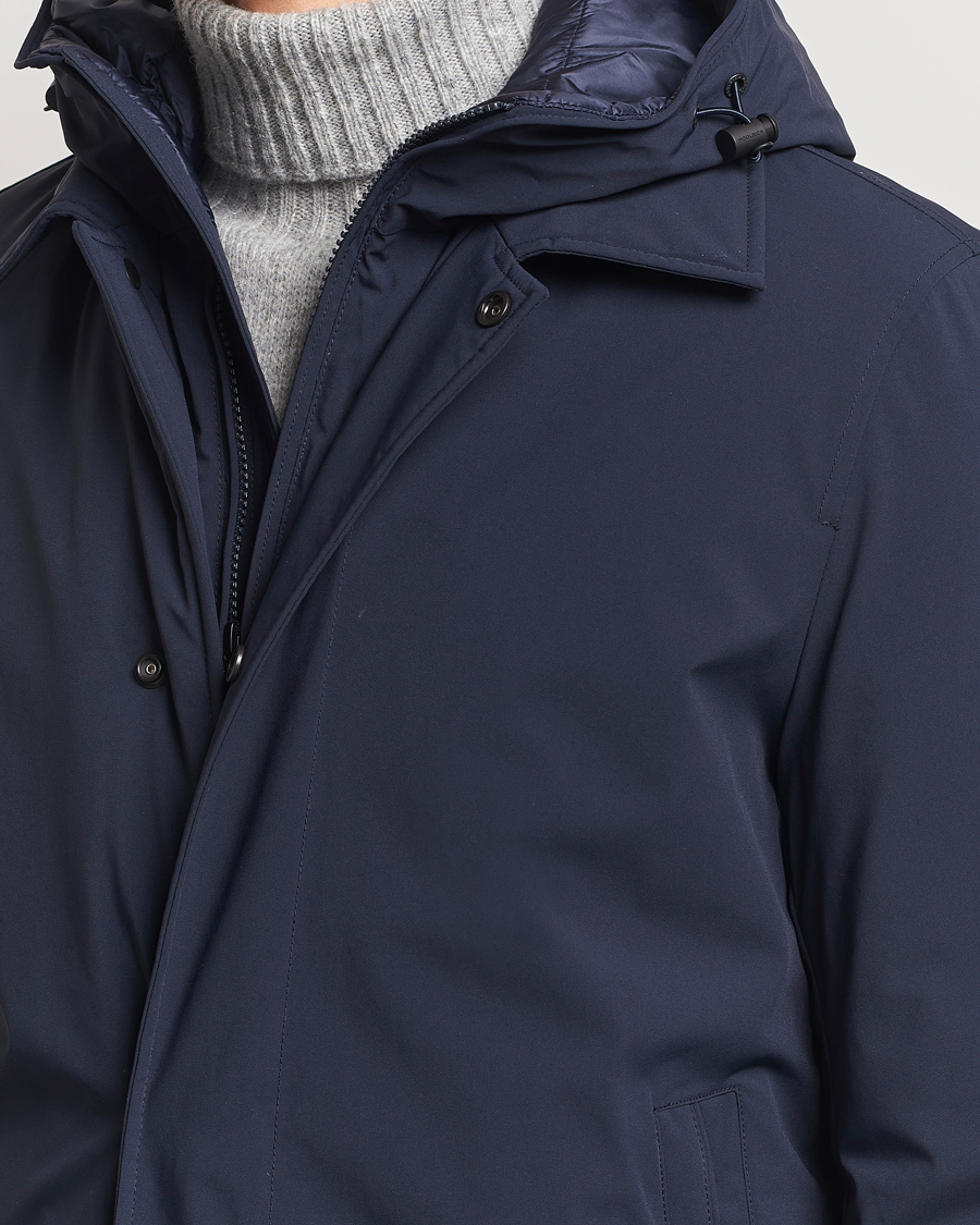 Herr | Jackor | Woolrich | Stretch 2 in 1 Padded Waterproof Carcoat Melton Blue