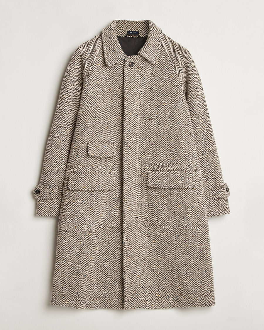 Herr | Jackor | Drake's | Herringbone Tweed Raglan Coat Oat Fleck