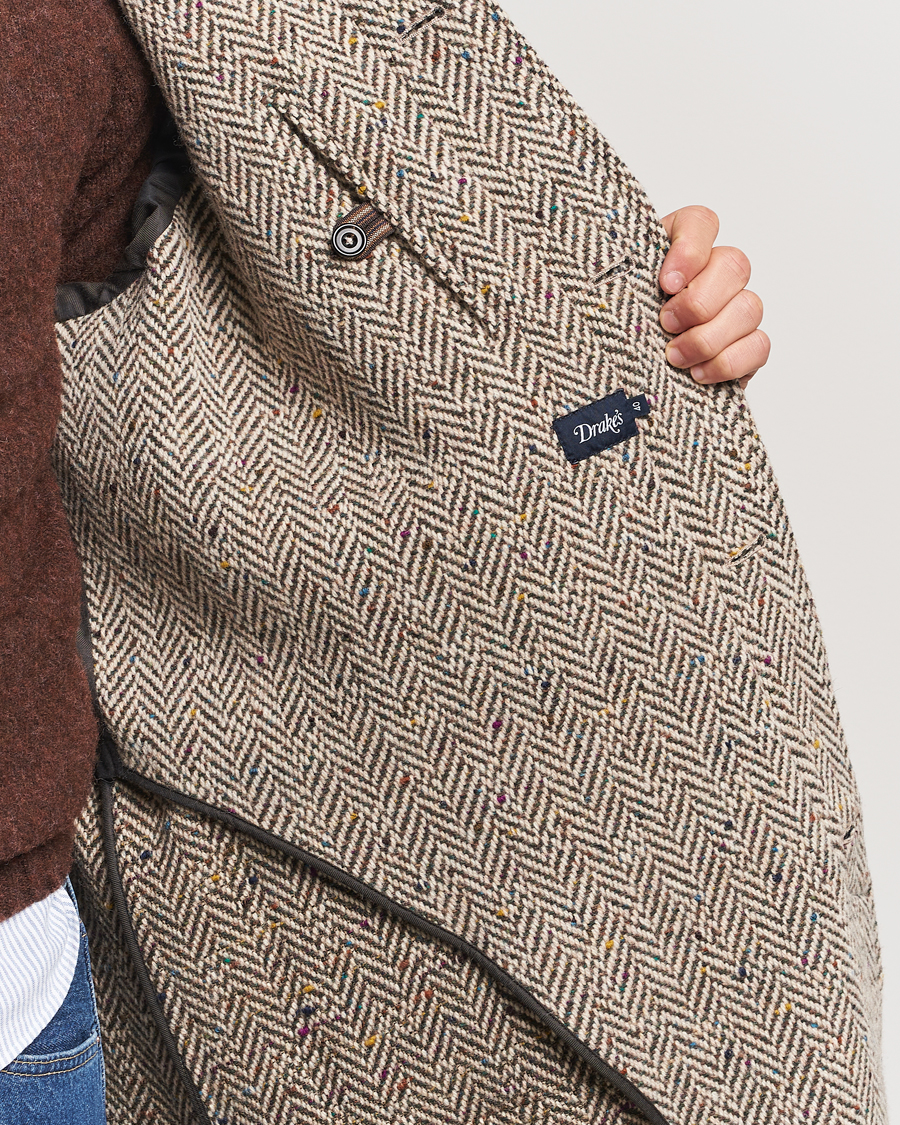Herr | Jackor | Drake's | Herringbone Tweed Raglan Coat Oat Fleck