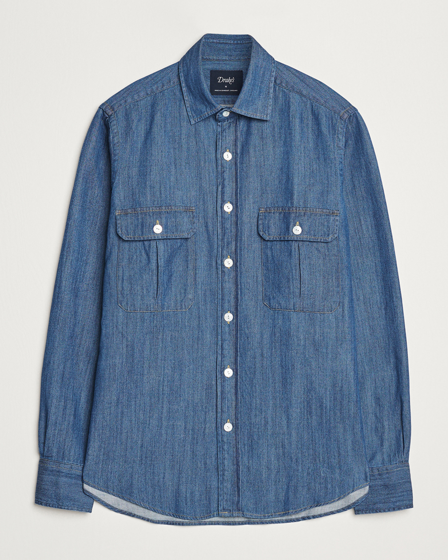 Herr | Skjortor | Drake's | Denim Cotton Two Pocket Work Shirt Blue