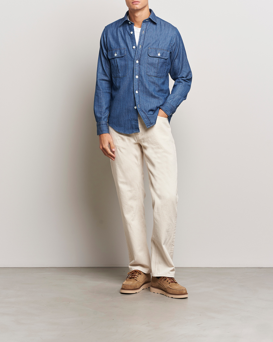 Herr | Skjortor | Drake's | Denim Cotton Two Pocket Work Shirt Blue