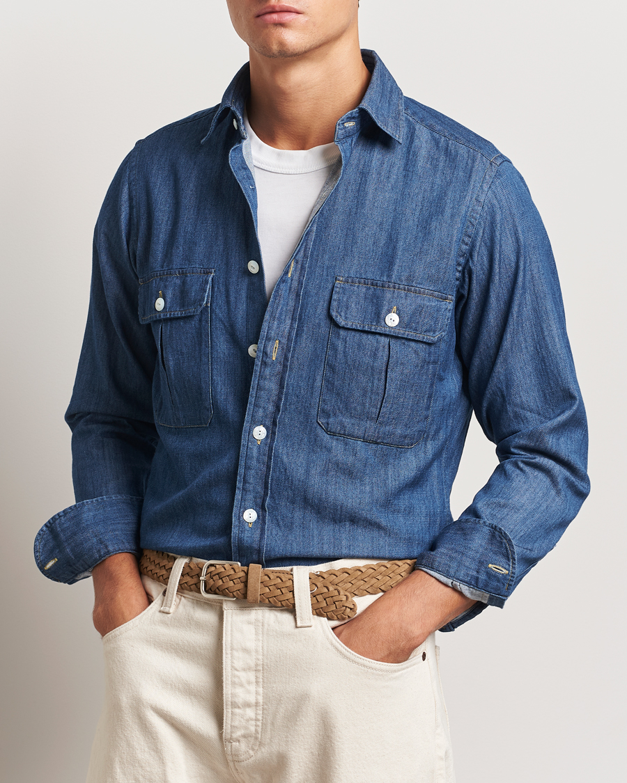 Herr | Skjortor | Drake's | Denim Cotton Two Pocket Work Shirt Blue