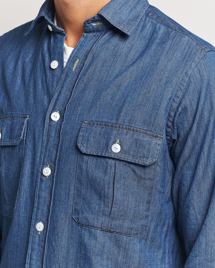 Herr | Skjortor | Drake's | Denim Cotton Two Pocket Work Shirt Blue