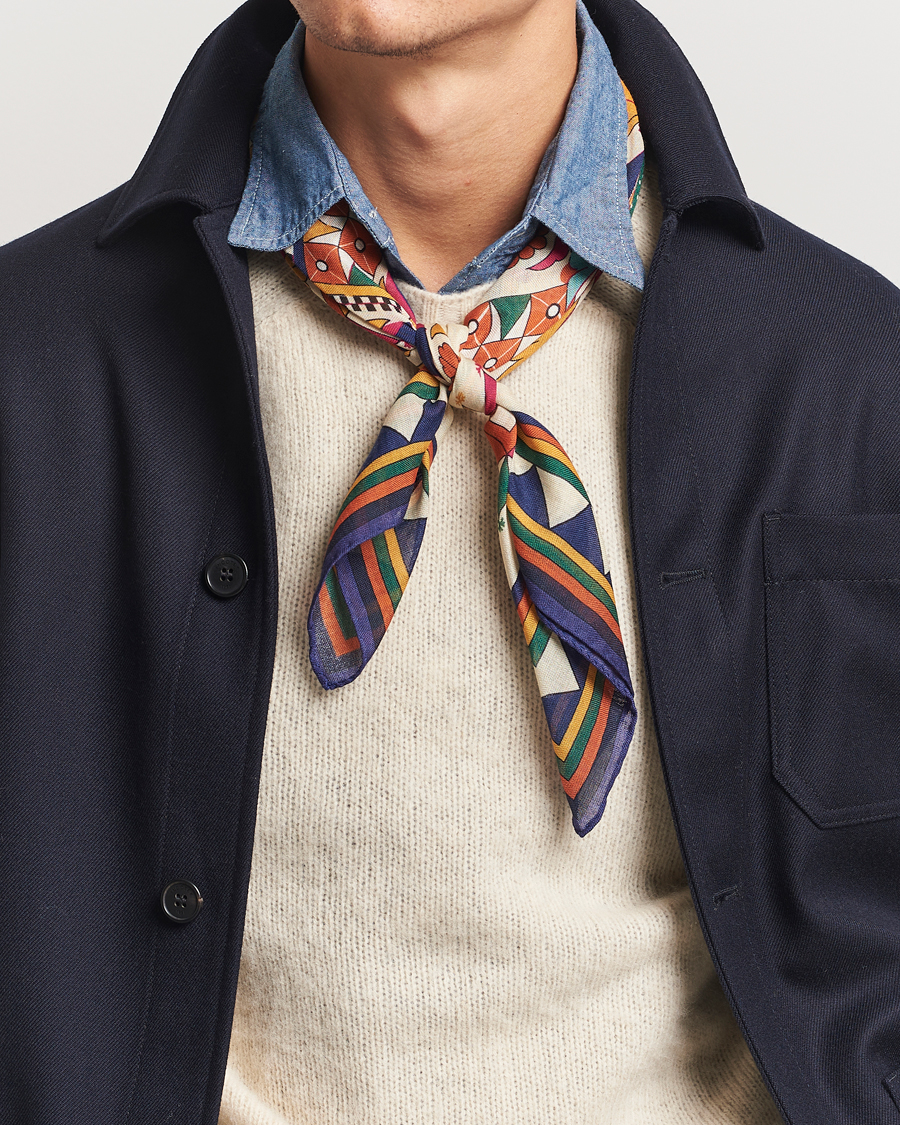 Herr | Drake's Maharaja Print Wool/Silk Bandana Navy/Yellow | Drake's | Maharaja Print Wool/Silk Bandana Navy/Yellow