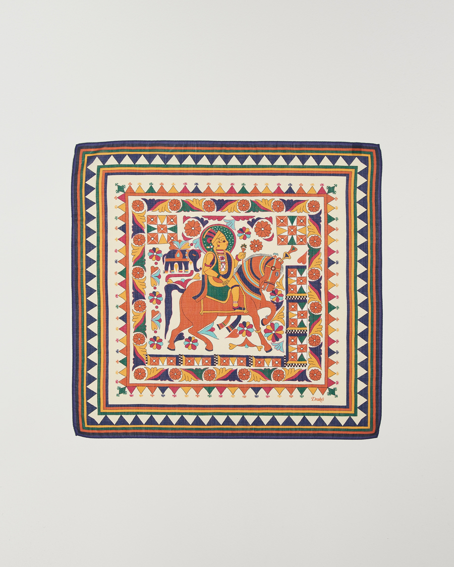 Herr | Drake's Maharaja Print Wool/Silk Bandana Navy/Yellow | Drake's | Maharaja Print Wool/Silk Bandana Navy/Yellow