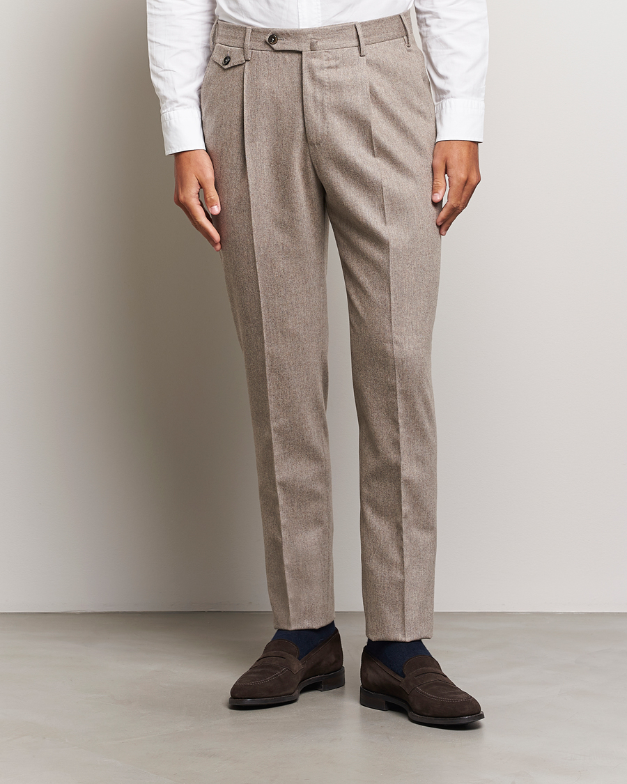 Herr | Byxor | PT01 | Slim Fit Pleated Wool/Cashmere Trousers Beige