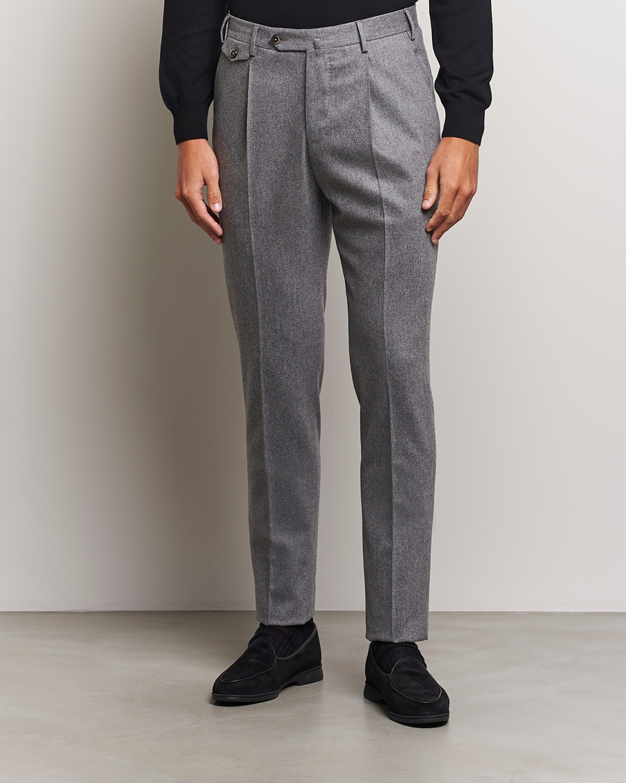 Herr | Byxor | PT01 | Slim Fit Pleated Wool/Cashmere Trousers Grey Melange