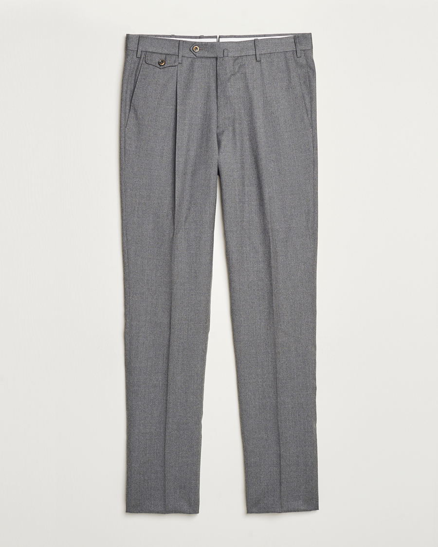 Herr | Byxor | PT01 | Slim Fit Pleated Flannel Trousers Grey Melange